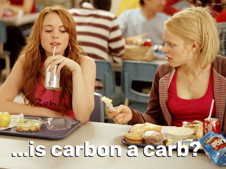 Mean Girls cafeteria still of Lindsay Lohan drinking from a straw next to Rachel McAdams, captioned "...is carbon a carb?"