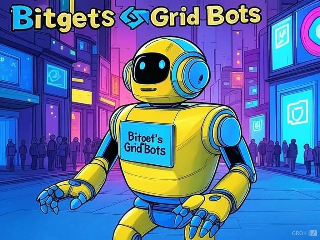 Illustration of a small robot automating crypto trading with Bitget grid bots for easy profits.