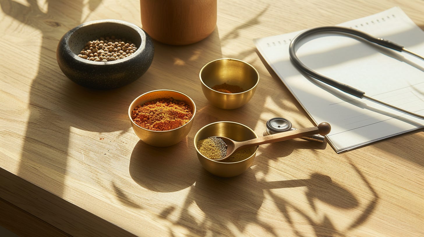 Overhead of a sunlit wooden table with ayurvedic spices in brass bowls, a stone bowl of seeds, a wooden spoon, and a stethoscope on a notepad. Overhead of a sunlit wooden table with ayurvedic spices in brass bowls, a stone bowl of seeds, a wooden spoon, and a stethoscope on a notepad.
