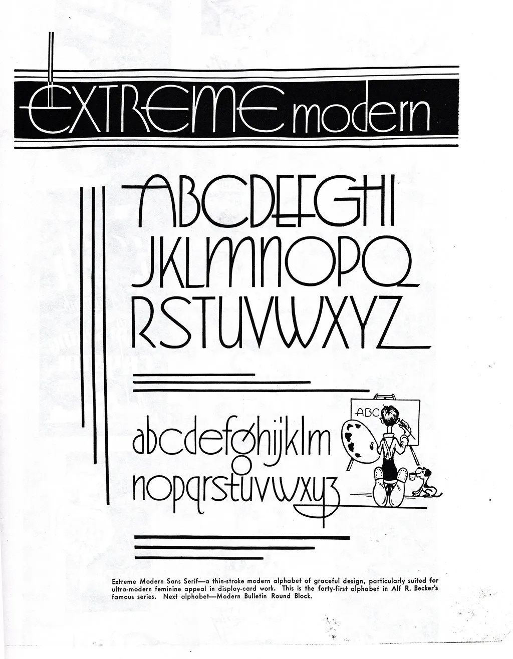 Alphabet No. 41 from Alf R. Becker's Signs of the Times series — Extreme Modern Sans Serif, a thin-stroke Art Deco display face with tall, geometric letterforms and elegant proportions.
