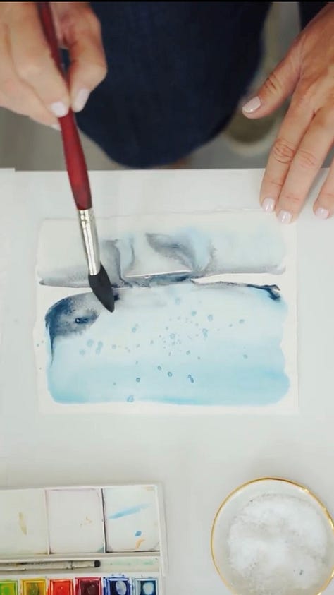 Images of watercolor paintings and painting in process by Katie White