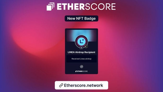 A digital badge with a blue circular design and a white "L" in the center. Text on the badge reads "LINEA Airdrop Recipient" and "Received Linea airdrop." The badge is framed in a dark rectangular border with the EtherScore logo in the bottom left corner. Additional text on the image includes "EtherScore" at the top, "New NFT Badge" below it, and "Etherscore.network" at the bottom with a clickable link icon. A digital badge with a blue circular design and a white "L" in the center. Text on the badge reads "LINEA Airdrop Recipient" and "Received Linea airdrop." The badge is framed in a dark rectangular border with the EtherScore logo in the bottom left corner. Additional text on the image includes "EtherScore" at the top, "New NFT Badge" below it, and "Etherscore.network" at the bottom with a clickable link icon.