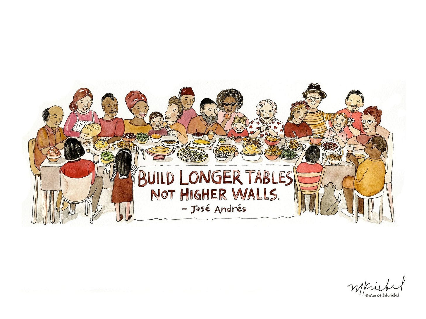 An illustration of people of all ages and ethnicities gathered around a table covered in food. The center front includes the text "Build longer tables, not higher walls. - Jose Andres"
