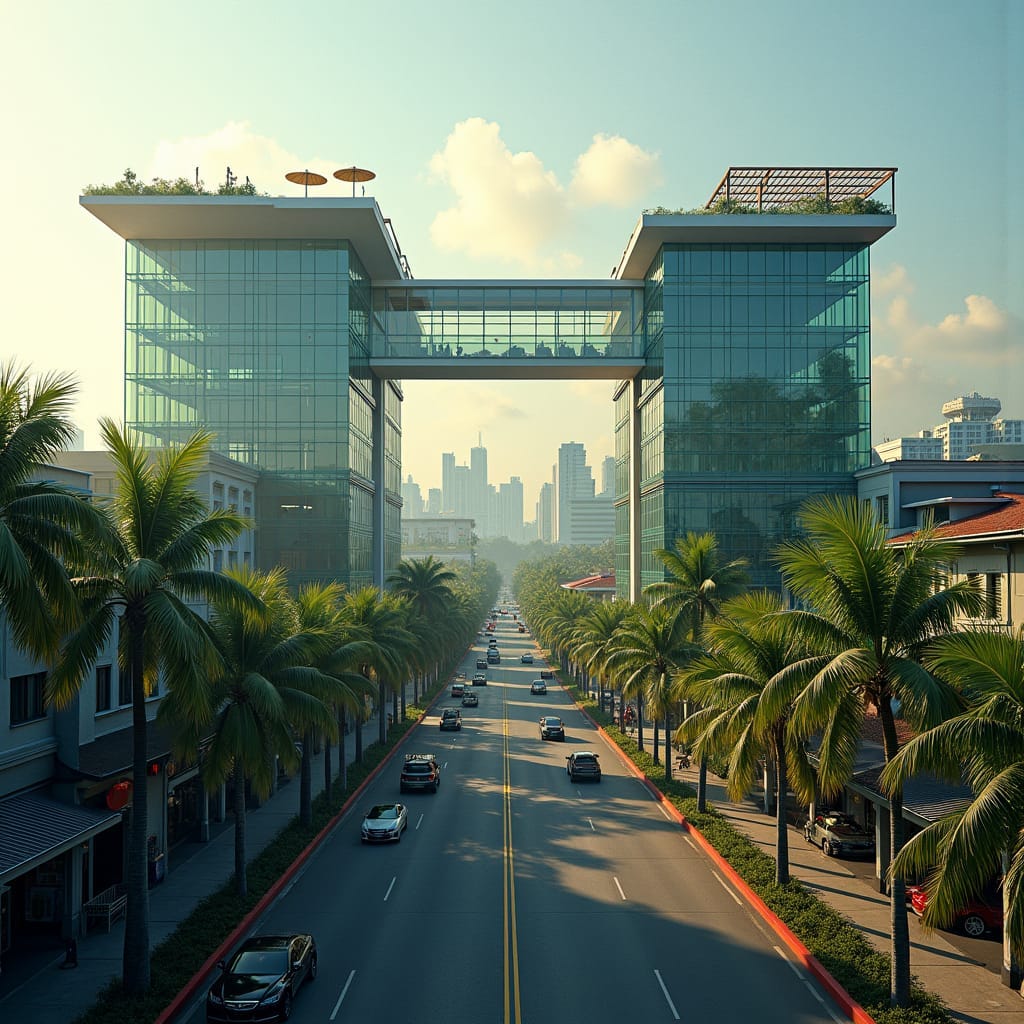 A majestic, modern school rises from the heart of Kingston, its twin sleek glass towers connected by a dramatic, elevated skybridge that soars above a bustling city street, captured in a cinematic film still with the warmth of 35mm film, rich film grain, and a subtle vignette. The rooftop oasis, filled with swaying palm trees and lush tropical plants, provides a serene escape for students, while the boldly cantilevered gymnasium offers breathtaking views of the vibrant urban tapestry below. Floor-to-ceiling windows flood the airy classrooms with natural light, framing the dynamic cityscape in a stunning display of modern, tropical design.