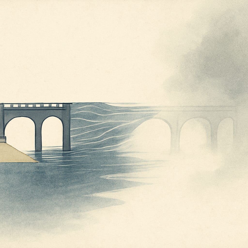 A minimalist abstract illustration of a bridge transitioning from a solid structure on the left to flowing water in the centre, and fading into mist and shadow on the right, with soft textures and muted blue-grey tones.