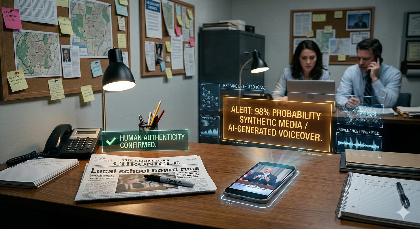 A high-contrast photo capturing a traditional local newspaper office. View is through a digital HUD overlay that flags "Human Authenticity Confirmed" over a physical newspaper headline while simultaneously flashing a prominent "Deepfake Detected" alert box over a smartphone, symbolizing the collision of old-school journalism and new-age algorithmic warfare.