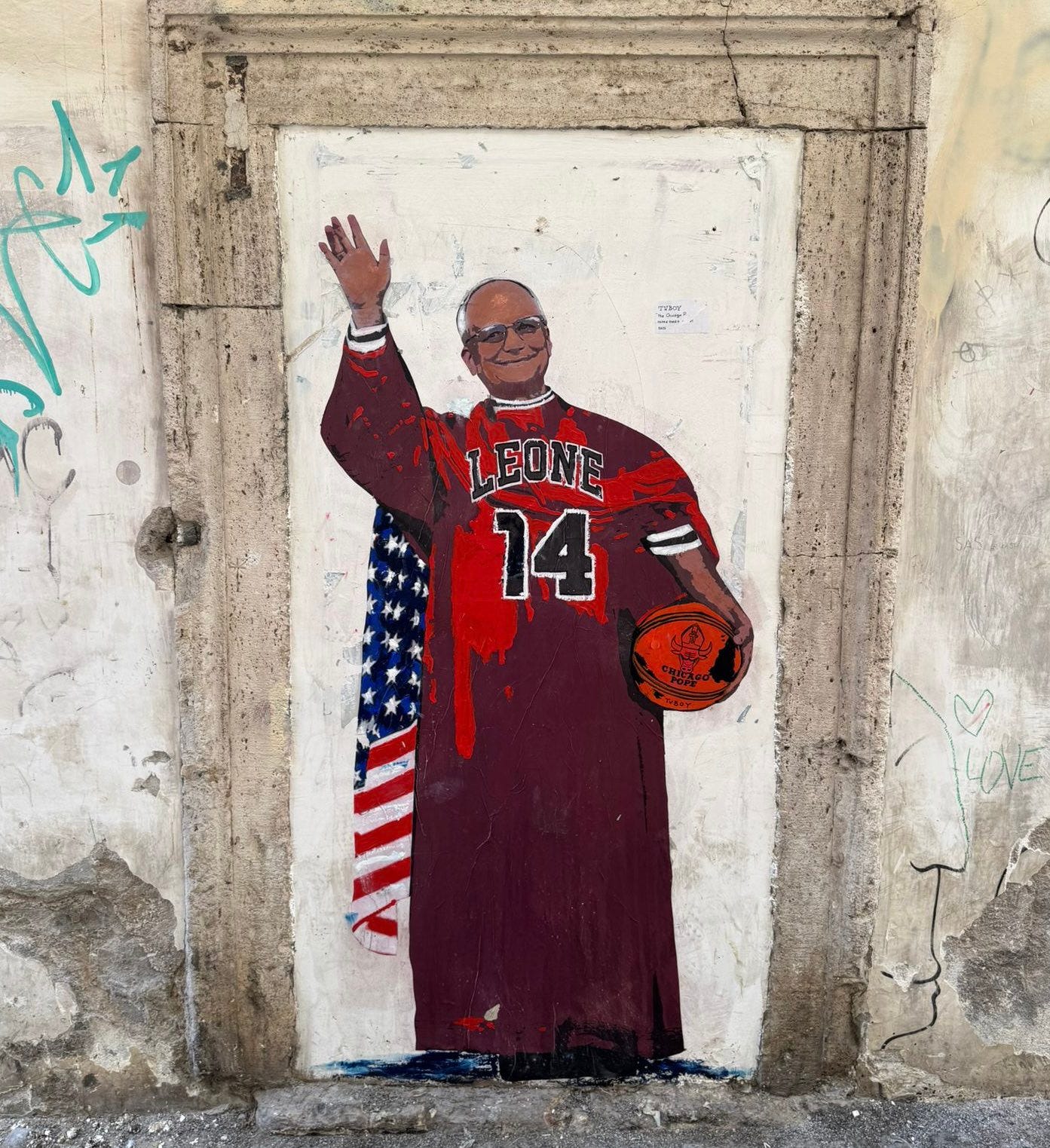 Wanted in Rome on X: "Rome mural by street artist TVBoy depicts Pope Leo  XIV as a Chicago Bulls fan. https://t.co/fR2DizC4Ca" / X Wanted in Rome on X: "Rome mural by street artist TVBoy depicts Pope Leo  XIV as a Chicago Bulls fan. https://t.co/fR2DizC4Ca" / X