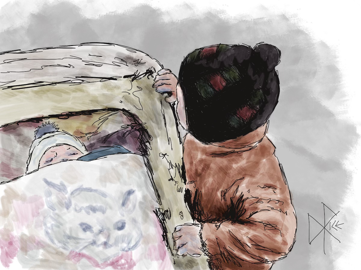 A baby sleeps in a stroller, as his brother peers in at him over the side. Both are dressed for cold weather. Sketch art by Don Rice.