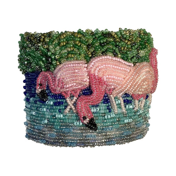 Beaded Flamingo Bracelet Bead Embroidery by The Lone Beader One of a Kind Statement Art Jewelry for sale on Etsy