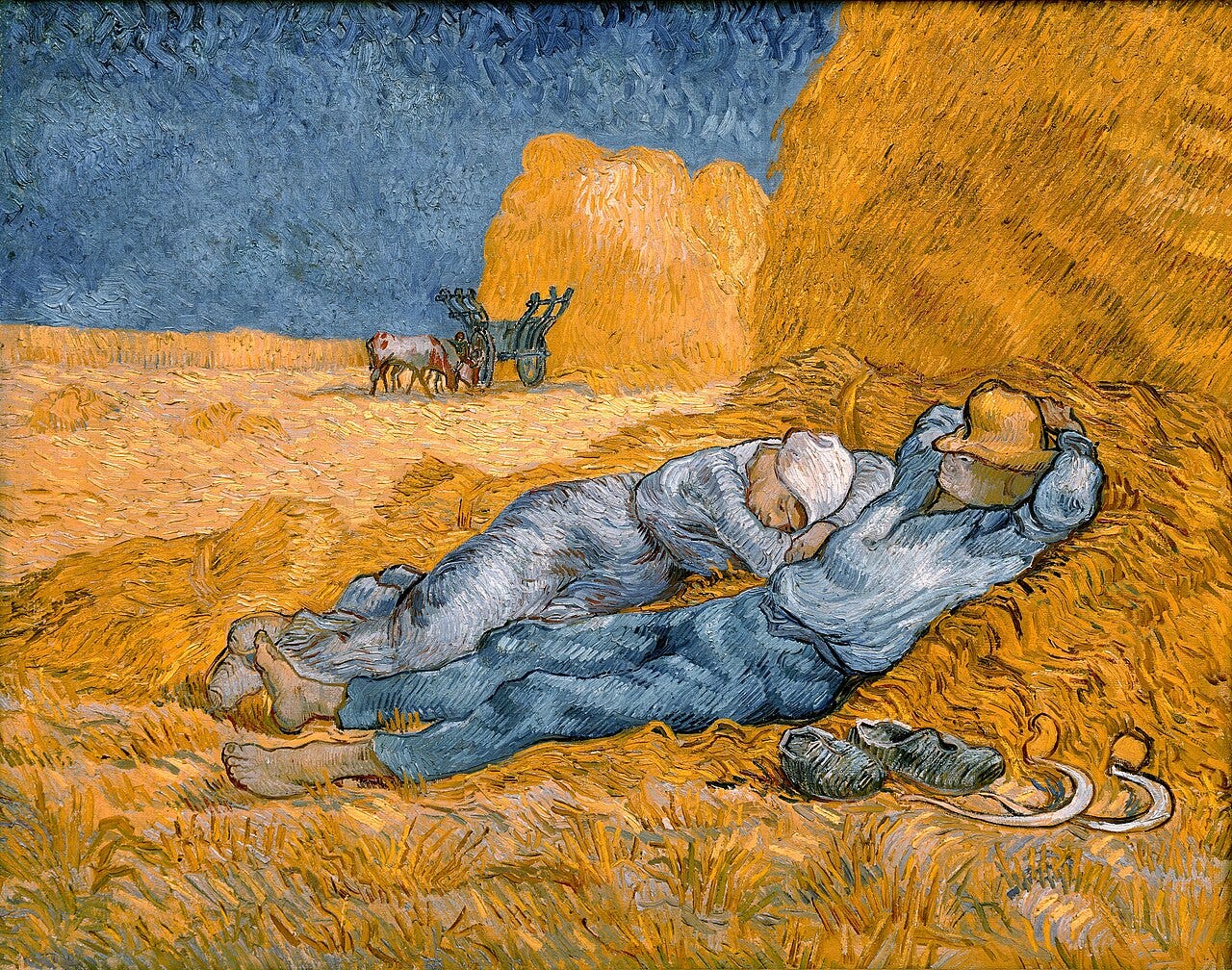 Two farm workers dozing against a golden haystack Two farm workers dozing against a golden haystack