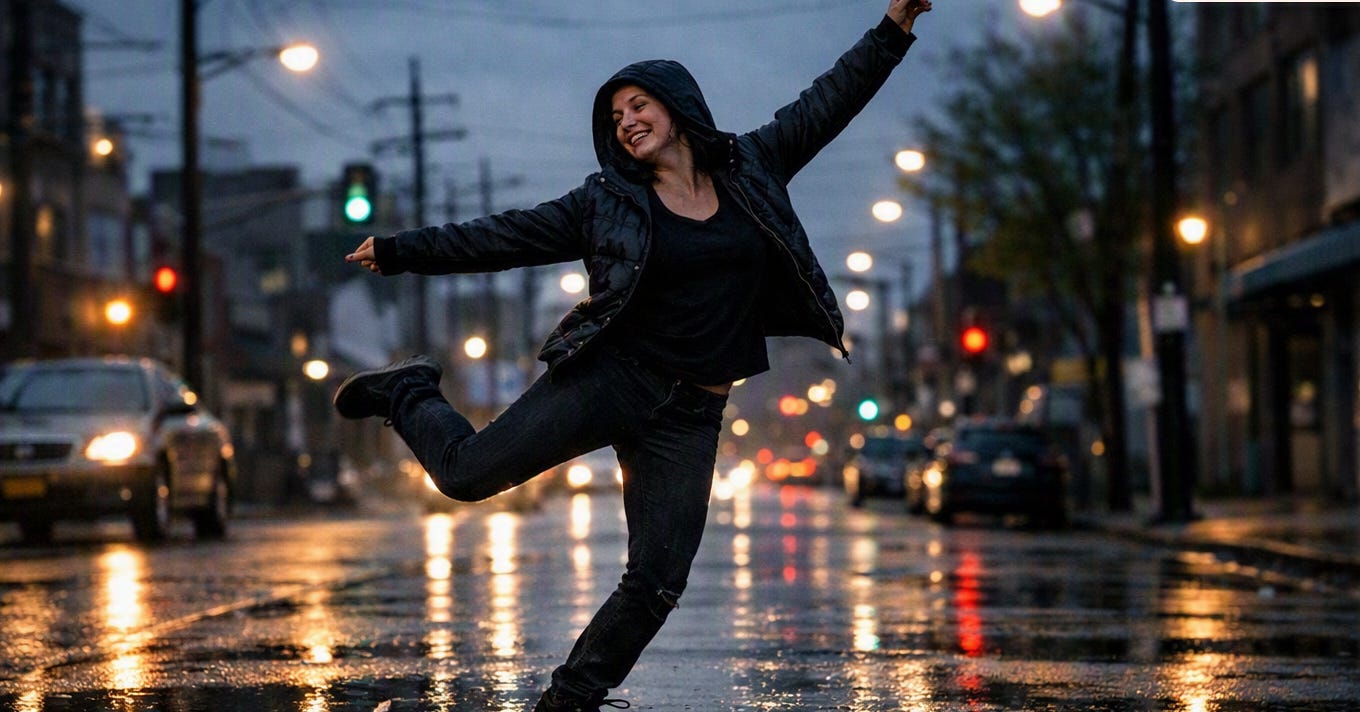 Joyful defiant dancer on wet city street Joyful defiant dancer on wet city street