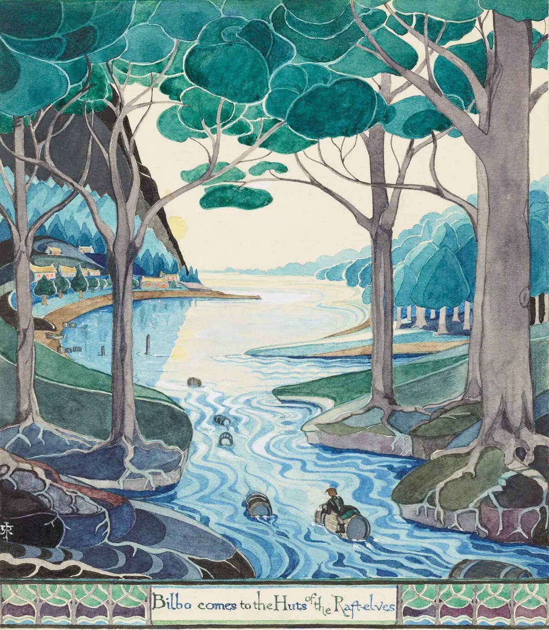 A watery blue-green scene of a small hobbit clinging to a tree branch, floating down a gorgeous river A watery blue-green scene of a small hobbit clinging to a tree branch, floating down a gorgeous river