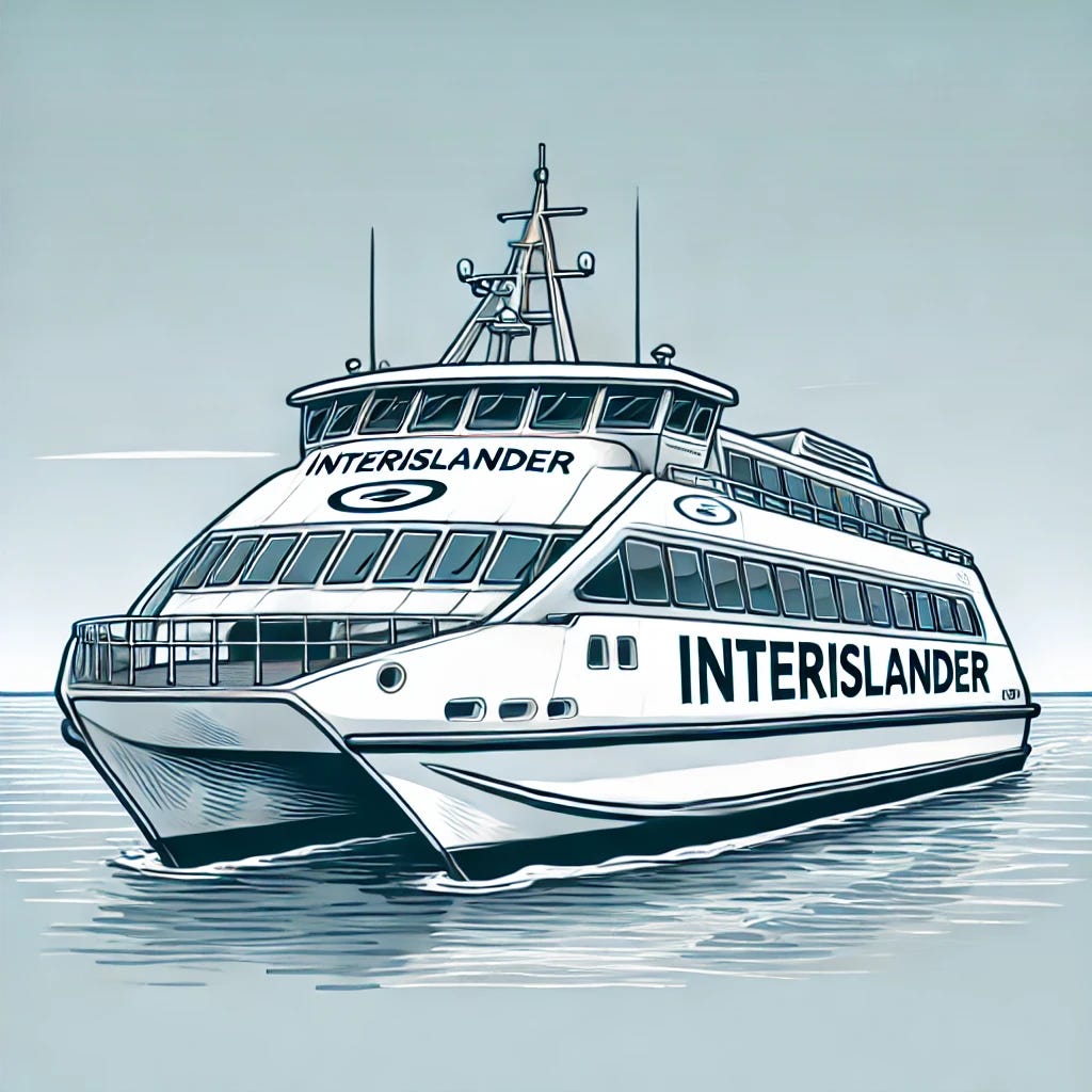 A cartoon-style drawing of a boat that resembles the Interislander ferry in the provided image. The boat should have a similar shape, white colour, and prominent Interislander logo on the side. Include the helipad on top and the sleek, modern design. Place the boat on a calm sea with a clear sky in the background.