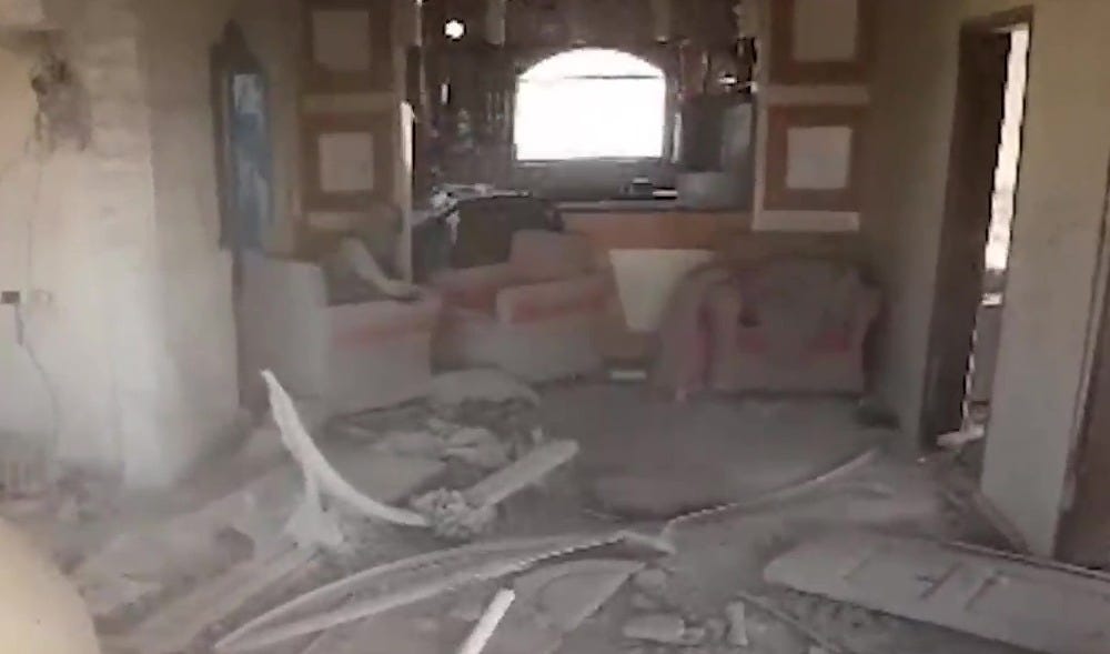 Tel al Sultan, Oct. 16, 2024. Yahya Sinwar looks at the Israeli drone that will summon his death.