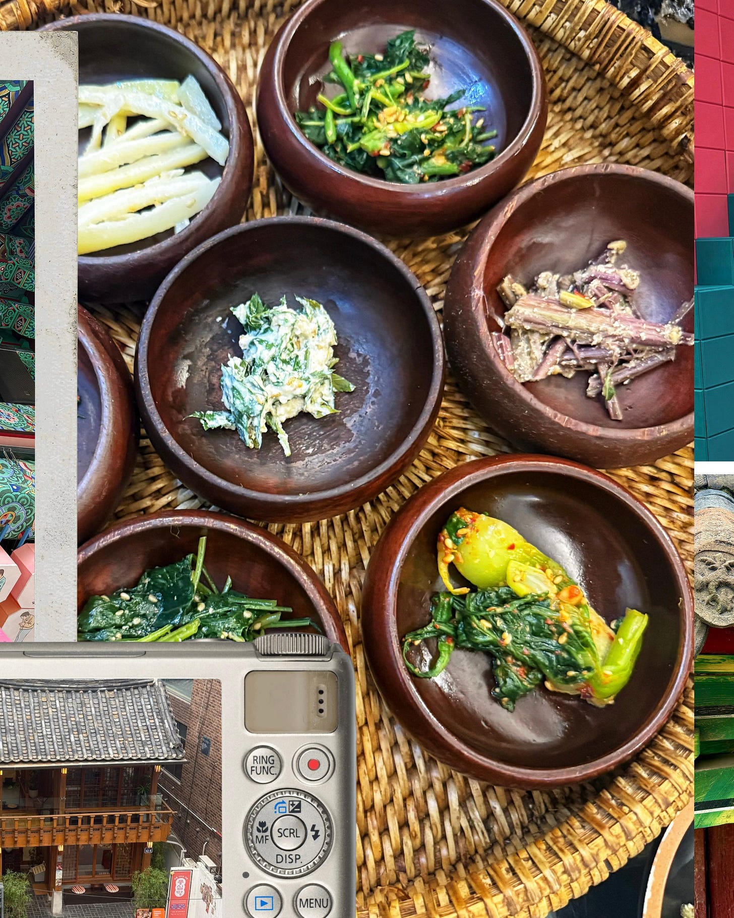 Colorful display of small dishes of pickled Korean vegetables, served on a wicker tray. Colorful display of small dishes of pickled Korean vegetables, served on a wicker tray.