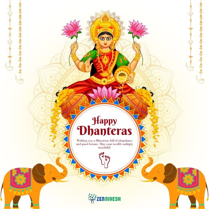 Goddess Lakshmi with golden crown and red green sari sits on throne holding lotuses discus and conch surrounded by yellow floral patterns and hanging lamps. Two elephants stand on sides spraying water from trunks. Central text reads Happy Dhanteras with wishes for abundance good fortune and multiplying wealth. Bottom features ZenNivesh logo.