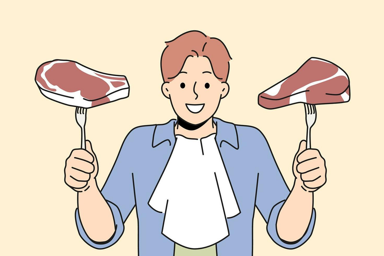 Smiling man holding steaks on forks in hands. Happy male ready to eat fresh meat excited about ...
