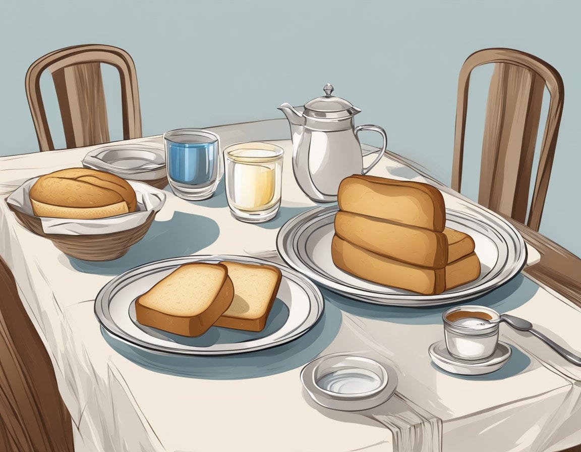 A simple table set with bread and water, with a Bible open to a passage on fasting and abstinence