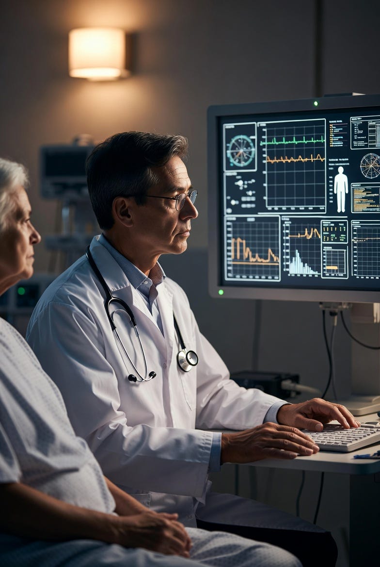 Clinician in white coat reviewing AI-assisted medical screen with patient in hospital room, warm lighting Clinician in white coat reviewing AI-assisted medical screen with patient in hospital room, warm lighting