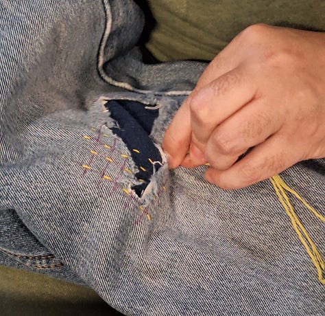 Images of people repairing items, including sewing jeans and repairing an old clock