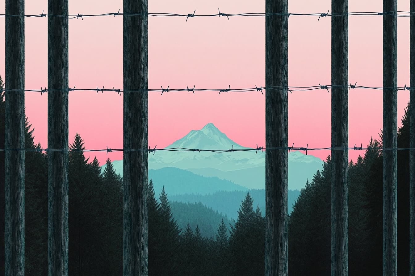 A barbed wire fence in front of a mountain range
