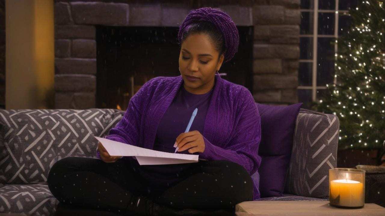 African American woman in purple sitting in an urban  room sitting on the couch while writing a letter with a wintry rain night no tree by fireplace