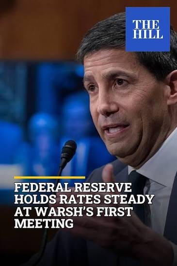 The Federal Reserve held interest rates steady Wednesday at Chair Kevin  Warsh's first rate-setting meeting since taking the reins of the central  bank. https://thehill.com/business/5928670-federal-reserve-interest-rates- kevin-warsh/
