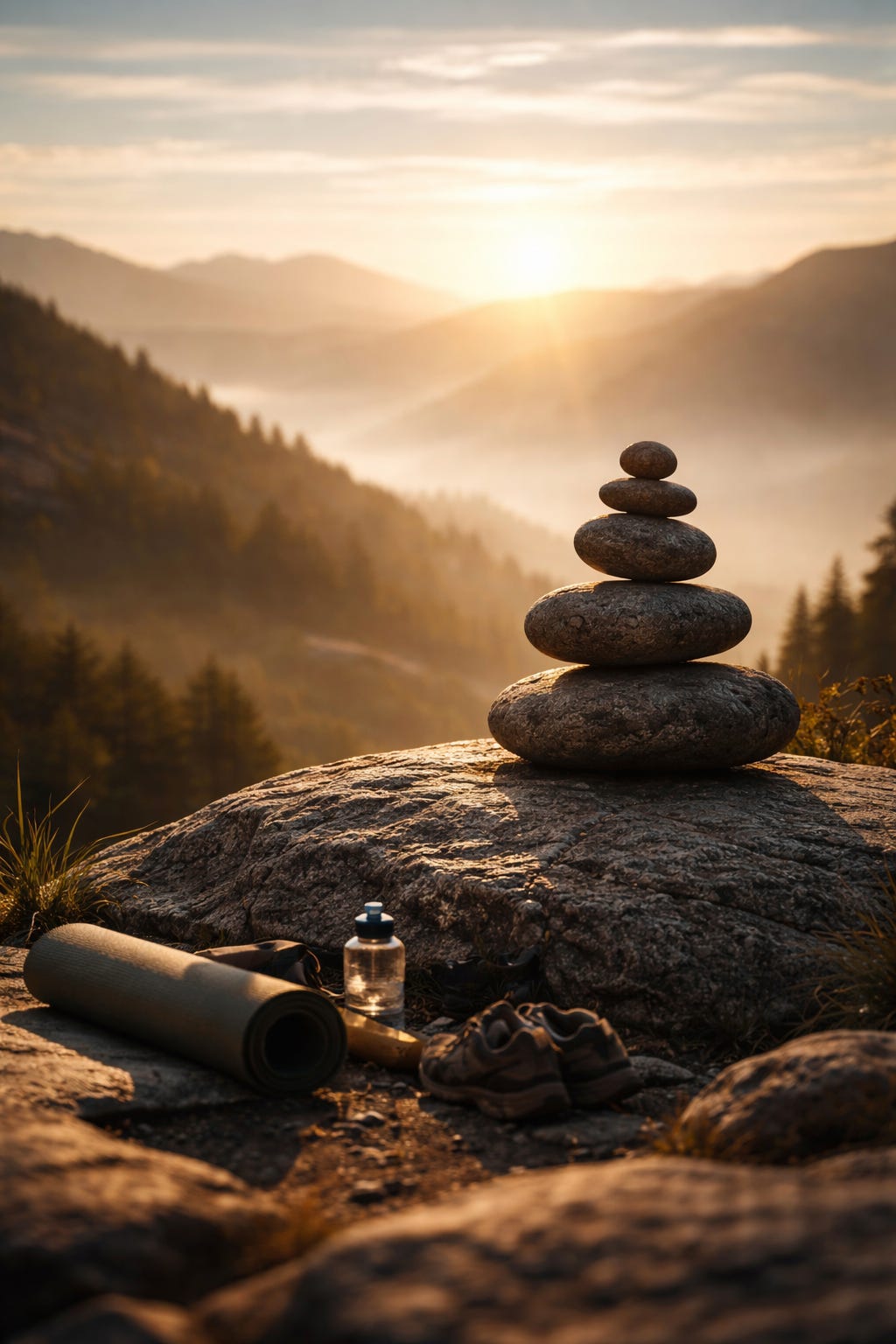 Balanced stack of smooth stones on a mountain at sunrise with a yoga mat, water bottle, and hiking shoes nearby.