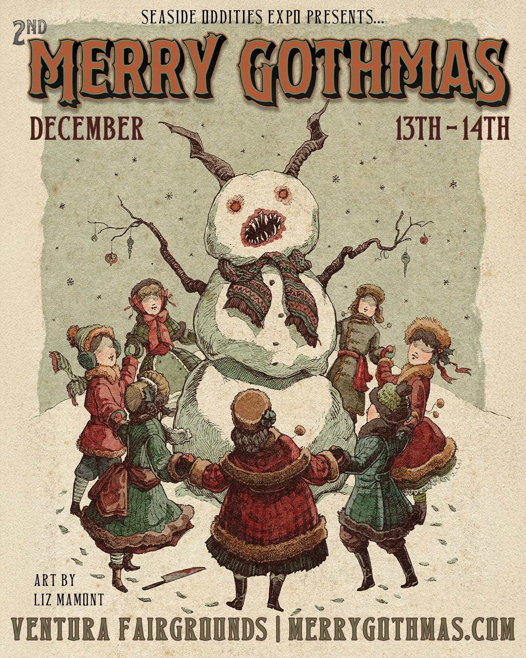 May be an image of Christmas stocking and text that says 'SEASIDE IDDITIES EXPO PRESENTS... 2ND MERRY GOTHMAS DECEMBER 13TH-14TH 13ΤH 14TH ART ARTBY BY LIZ MAMONT VENTURA FAIRGROUNDS I MERRYGITIMAS.COM'