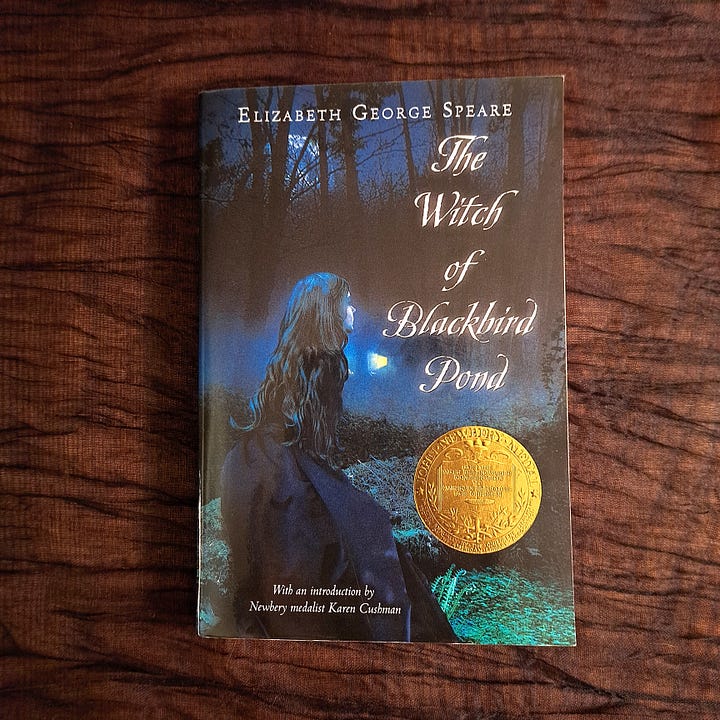 three old Daphne du Maurier books on green velvet and a paperback copy of The Witch of Blackbird Pond on dark, gauzy fabric