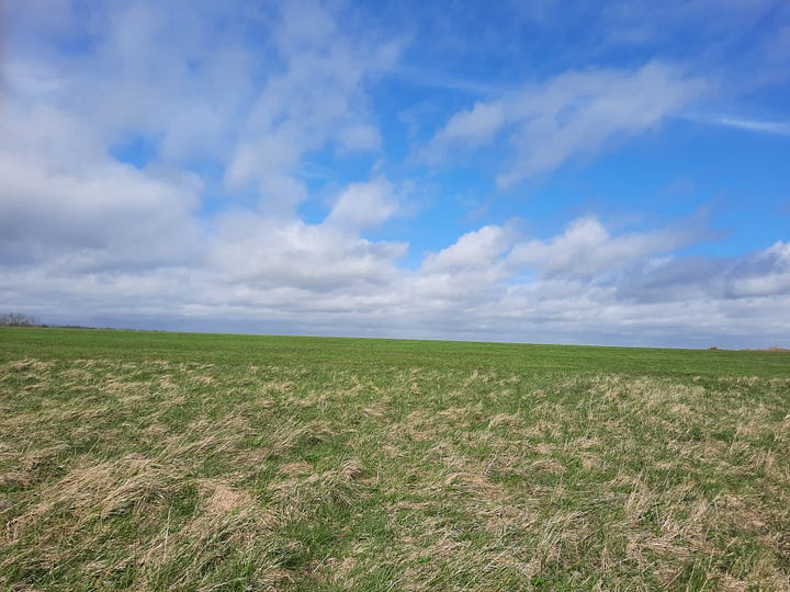 Images of fields, mountain lake, and ocean cliffs