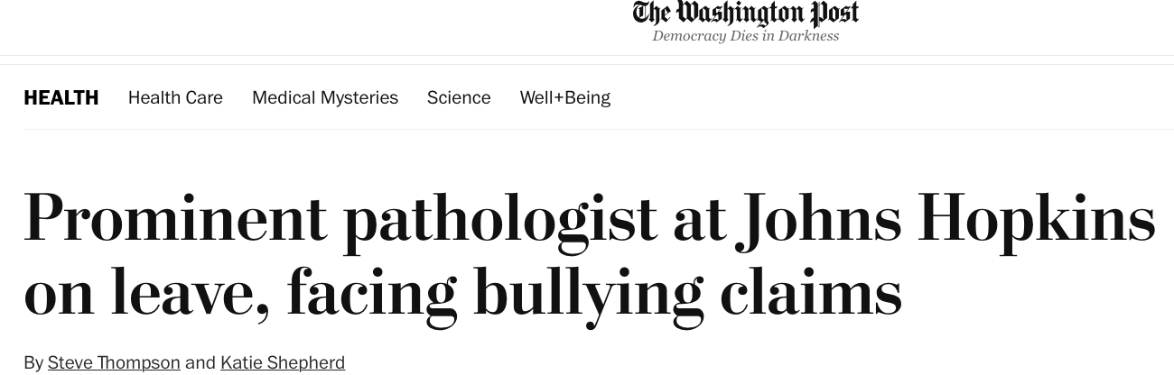 Just in: Famed Hopkins' pathologist Dr. Jonathan Epstein on leave amidst charges of a "culture of bullying" to aid his pathologist-wife