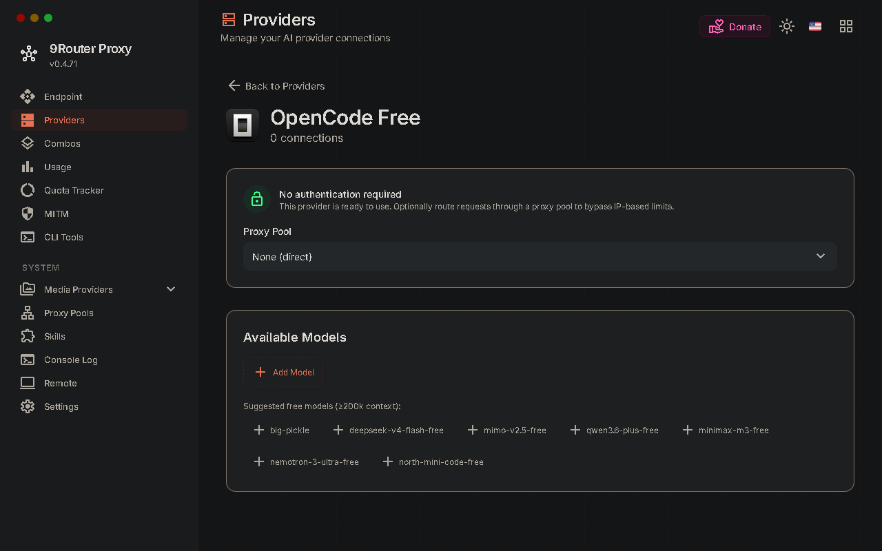 9Router OpenCode Free provider page showing authentication status and available models. 9Router OpenCode Free provider page showing authentication status and available models.
