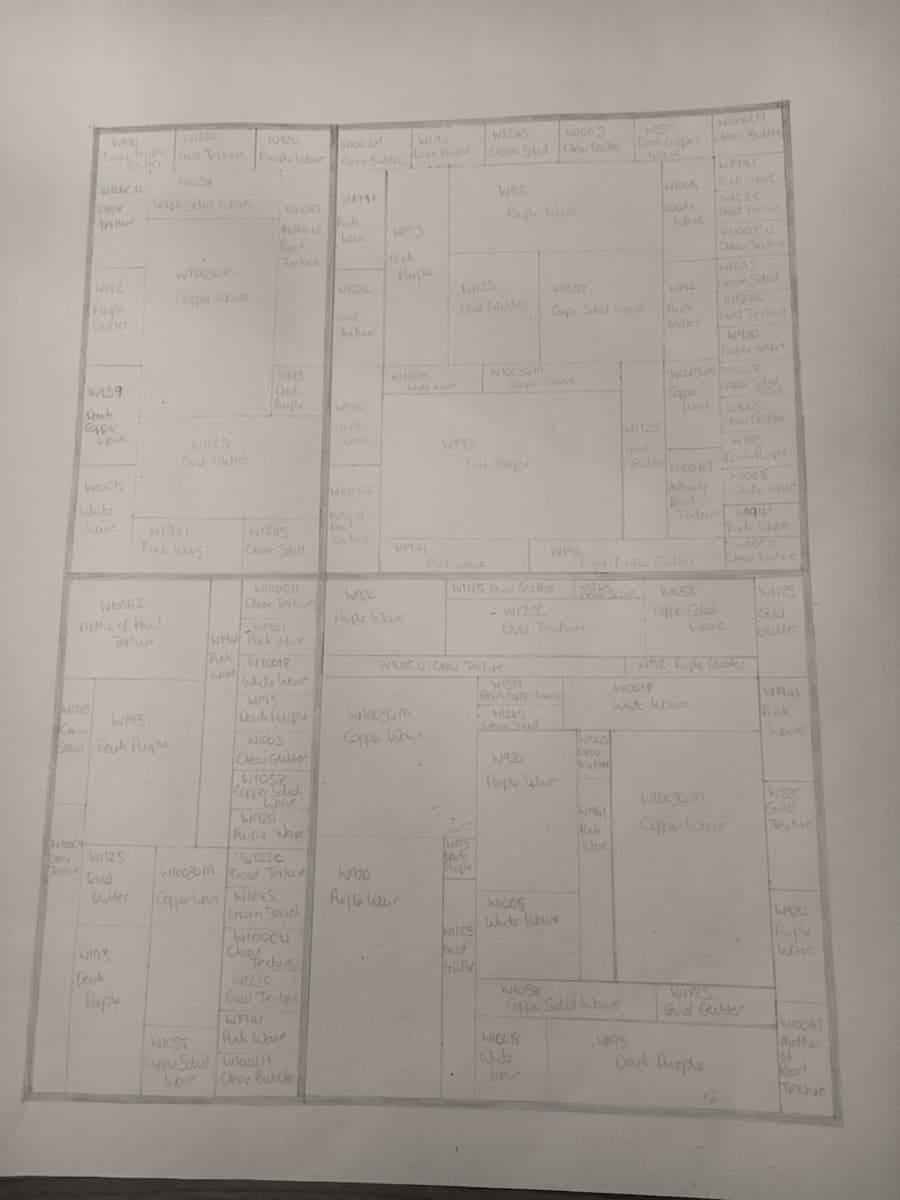Hand drawn image of stained glass window design on paper. Each segment it defined by colour and glass type.