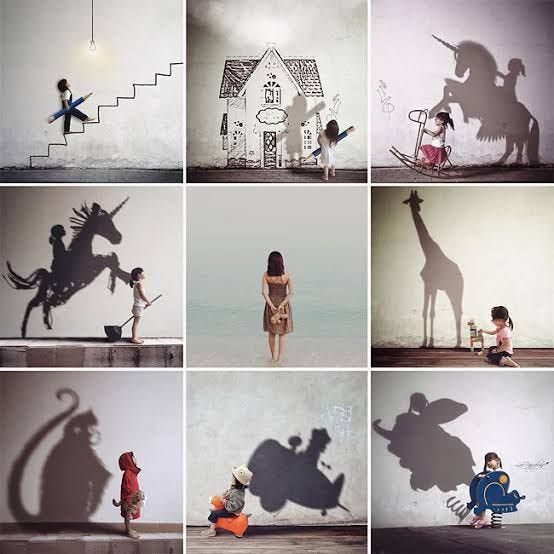 This may contain: several images of children playing with their shadows on the wall and in front of them
