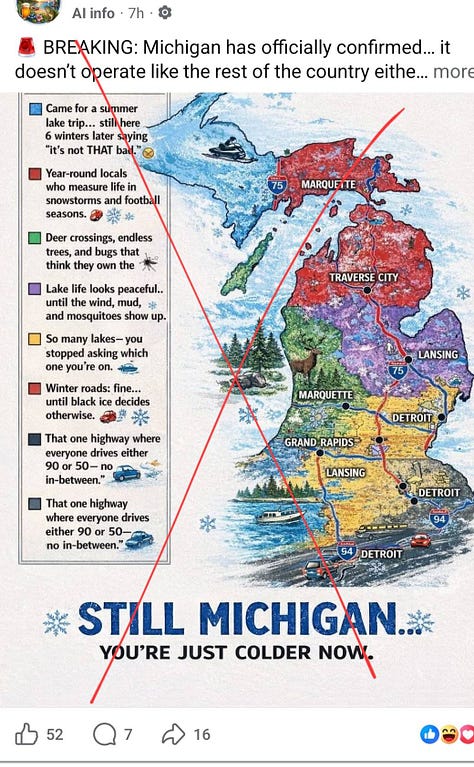 A range of bad AI-generated maps of the Great Lakes region. 