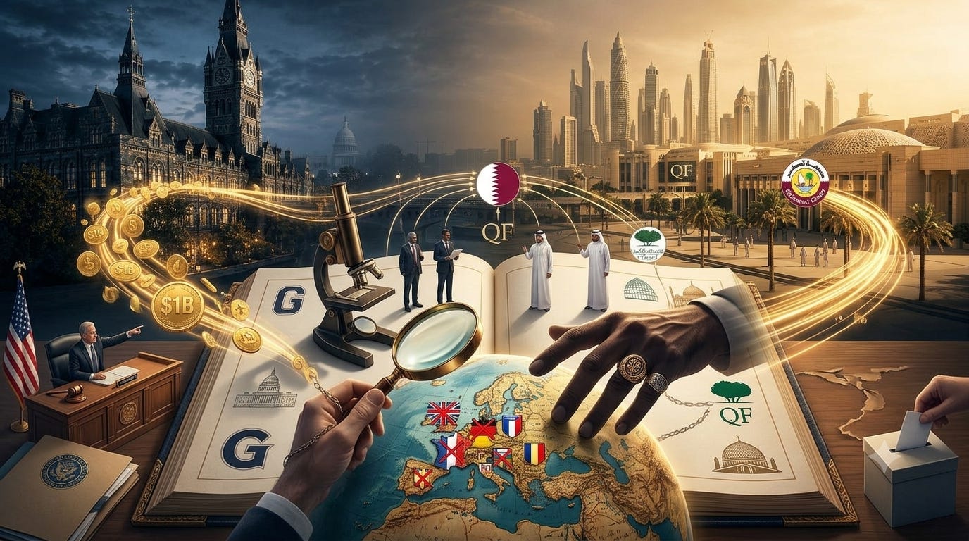 An extrapolated image depicting Qatar's influence over education and research at Georgetown University, as well as the symbolism showing its spreading influence beyond these constraints An extrapolated image depicting Qatar's influence over education and research at Georgetown University, as well as the symbolism showing its spreading influence beyond these constraints