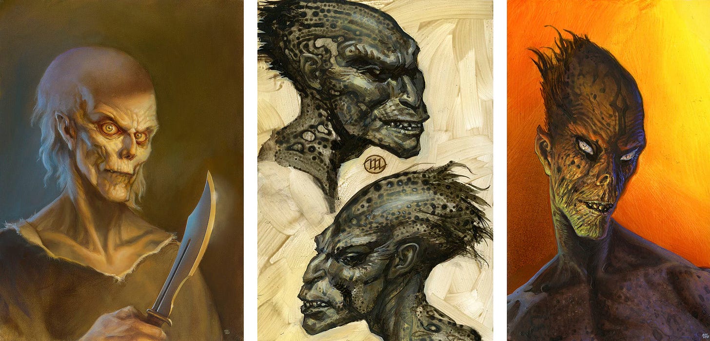 LEFT: NO BLOOD (2011), character portrait for MUTANT HUNTER. A mutant with face dehydrated to the point it looks like skin barely covering skull. Whisps of white hair fall from the back of his shiny pate. With head tilted, it casts an evil glance at the audience. The portrait is mostly in umber but the red around eyes and fixed dots against yellow irises present a look of malevolence as No Blood brandishes a hunting knife. CENTER: FINAL MUTANTS (2011), head studies of two mutants facing in opposite directions. Their heads are elongated as seen in profile. The skin is dark and mottled with spots especially on the neck and top of head as it sweeps back. RIGHT: Blinder (2012), color study of a mutant from the shoulder up against an intense orange and yellow background. Its eyes are pearlescent white. The perspective is from the front but its head is tilted to show its abnormal, elongated shape. LEFT: NO BLOOD (2011), character portrait for MUTANT HUNTER. A mutant with face dehydrated to the point it looks like skin barely covering skull. Whisps of white hair fall from the back of his shiny pate. With head tilted, it casts an evil glance at the audience. The portrait is mostly in umber but the red around eyes and fixed dots against yellow irises present a look of malevolence as No Blood brandishes a hunting knife. CENTER: FINAL MUTANTS (2011), head studies of two mutants facing in opposite directions. Their heads are elongated as seen in profile. The skin is dark and mottled with spots especially on the neck and top of head as it sweeps back. RIGHT: Blinder (2012), color study of a mutant from the shoulder up against an intense orange and yellow background. Its eyes are pearlescent white. The perspective is from the front but its head is tilted to show its abnormal, elongated shape.