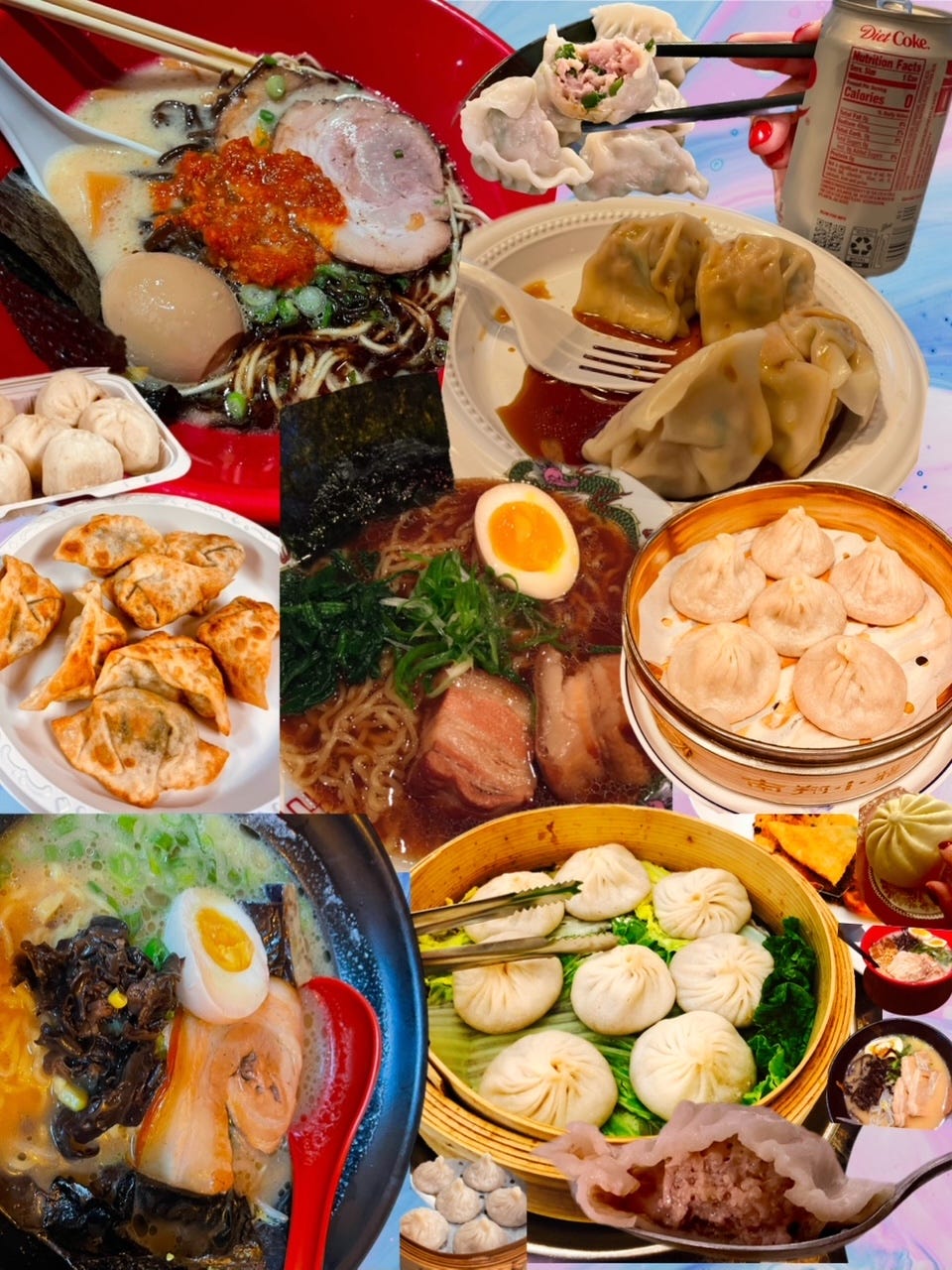 collage of bowls of ramen and dumplings, soup dumplings, fried dumplings, steamed bun all from nyc eateries collage of bowls of ramen and dumplings, soup dumplings, fried dumplings, steamed bun all from nyc eateries