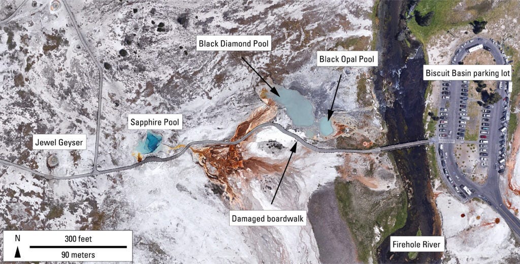 Map of major features in Biscuit Basin, Yellowstone National Park. (Via Yellowstone Volcano Observatory) Map of major features in Biscuit Basin, Yellowstone National Park. (Via Yellowstone Volcano Observatory)