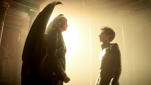 The Sandman. (L to R) Gwendoline Christie as Lucifer Morningstar, Tom Sturridge as Dream in episode 104 of The Sandman. Cr. Courtesy of Netflix ?? 2022