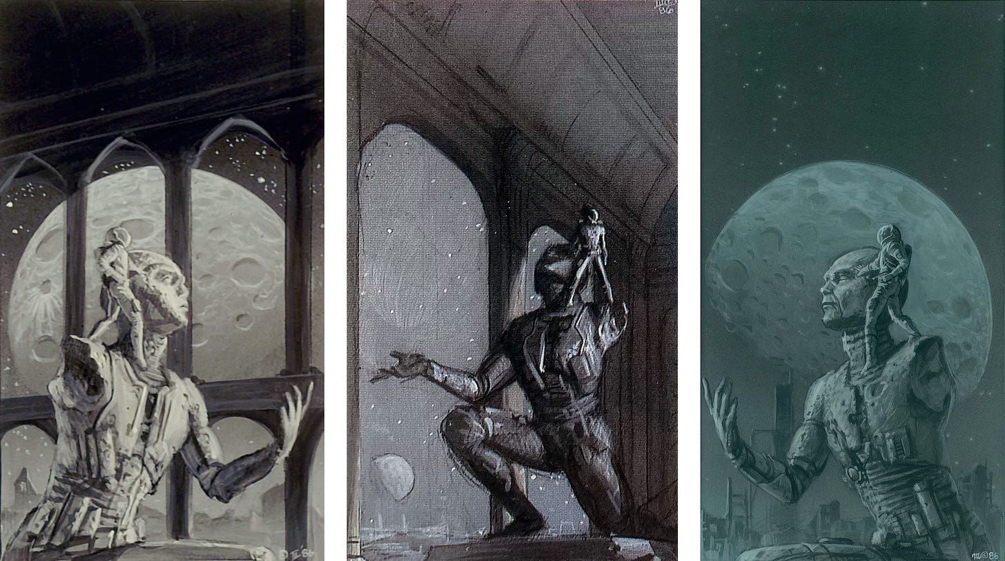 LEFT: B&W alternate preliminary concept for FOUNDATION AND EARTH featuring an astronaut standing on the shoulder of a statue that resembles Giskard. Facing off panel right, the near arm is missing while the left arm is held out with an open hand. Behind the statue are two stories of pillared arches and a craggy full moon in the sky.  CENTER: B&W alternate preliminary concept for FOUNDATION AND EARTH featuring an astronaut standing on the shoulder of a statue of Giskard. Missing its left arm, the statue faces left while the astronaut looks opposite. The vaulted ceilings of the room are held up by massive arches. In the gap between, the night sky is dotted with stars and a gibbous moon hangs low in the sky.  RIGHT: Tonal alternate preliminary concept for FOUNDATION AND EARTH on blue toned paper. An astronaut stands on the shoulder of a statue of Giskard, which is missing its near arm. Behind them, a massive craggy moon fills the sky. On the horizon rise futuristic buildings.