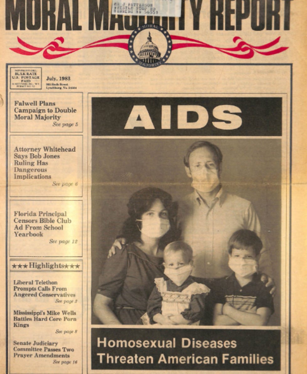 Moral Majority mailer: Masked family with headline 'Homosexual Diseases Threaten American Families'