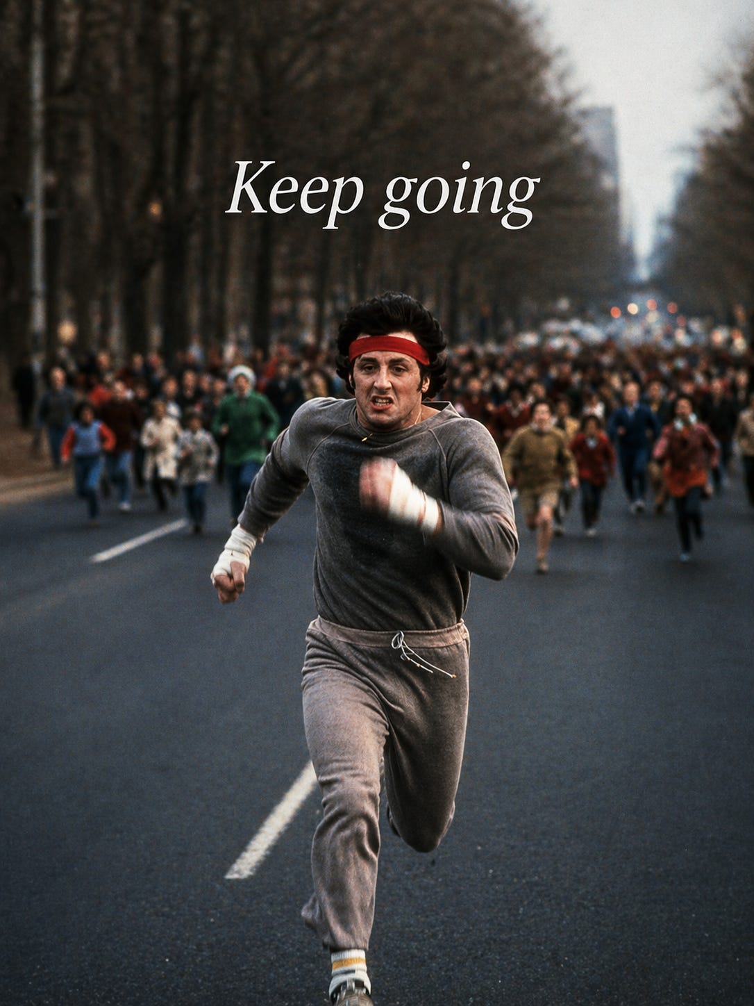 Rocky running scene with "Keep going" text overlay Rocky running scene with "Keep going" text overlay
