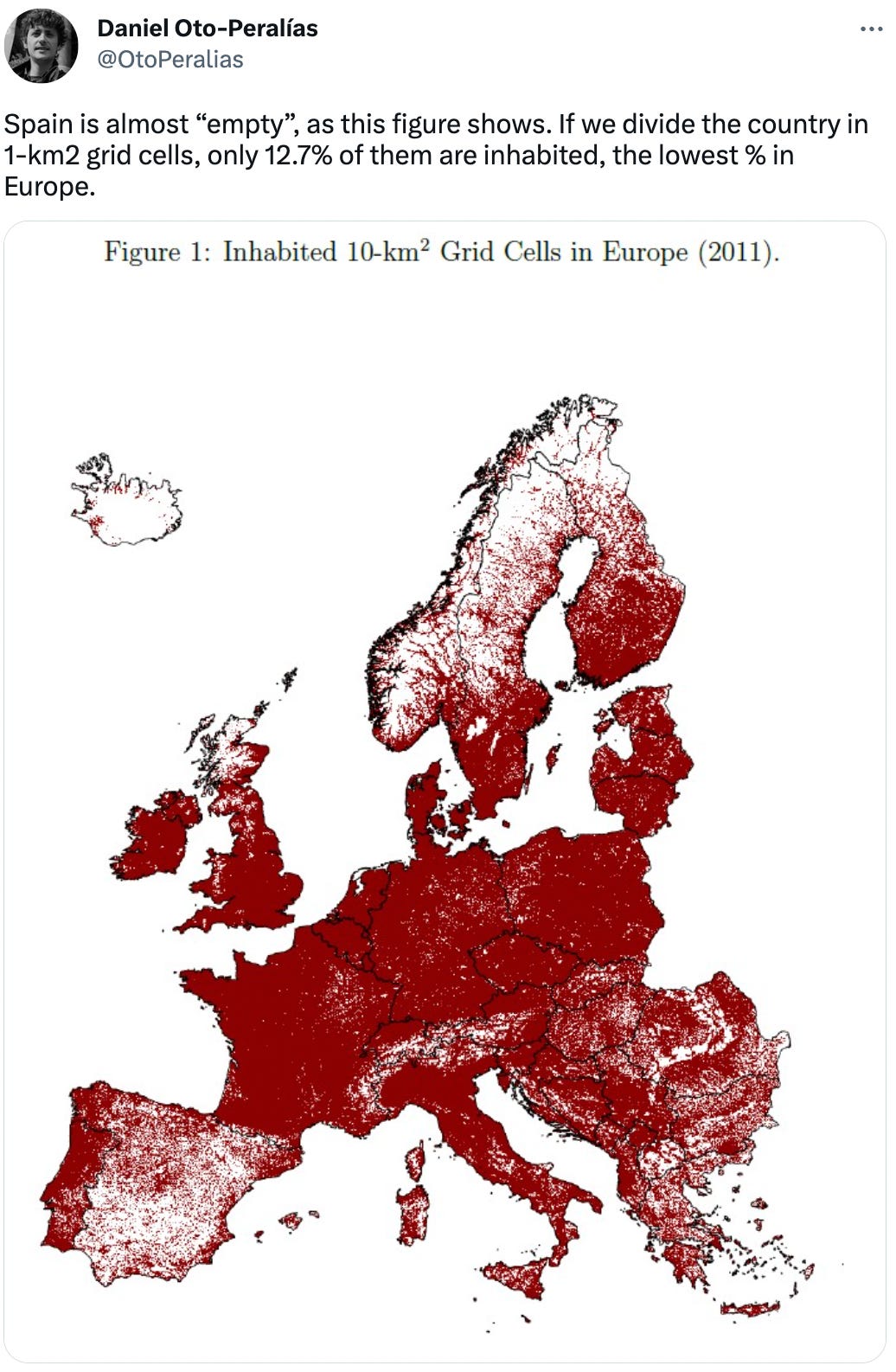 Daniel Oto-Peralías @OtoPeralias · Mar 7 Happy to see our paper “The spatial distribution of population in Spain: An anomaly in European perspective”, with E. Gutiérrez,  @emoralbenito  & R. Ramos published (and open access) in the Journal of Regional Science  @JRS83202671   A 🧵 summarizing it 👇 Daniel Oto-Peralías @OtoPeralias Spain is almost “empty”, as this figure shows. If we divide the country in 1-km2 grid cells, only 12.7% of them are inhabited, the lowest % in Europe.