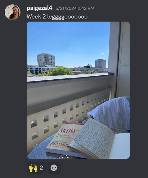 pictures of the author and friends sending updates on discord when they were going through chapters of The Artists Way
