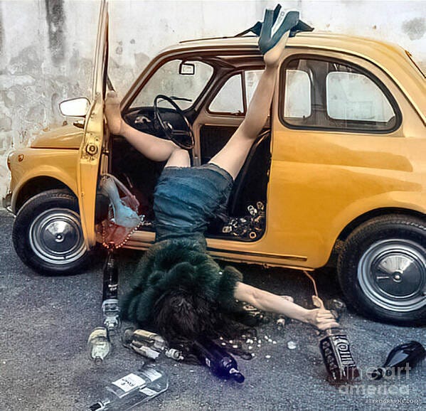 1990s Drunk Woman Falling Out Of Car Poster