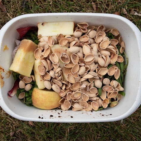 Triptych. Left and right a white rectangular bucket of compost; Central image is a bucket of leaves surrounded by seven buckets of compost.