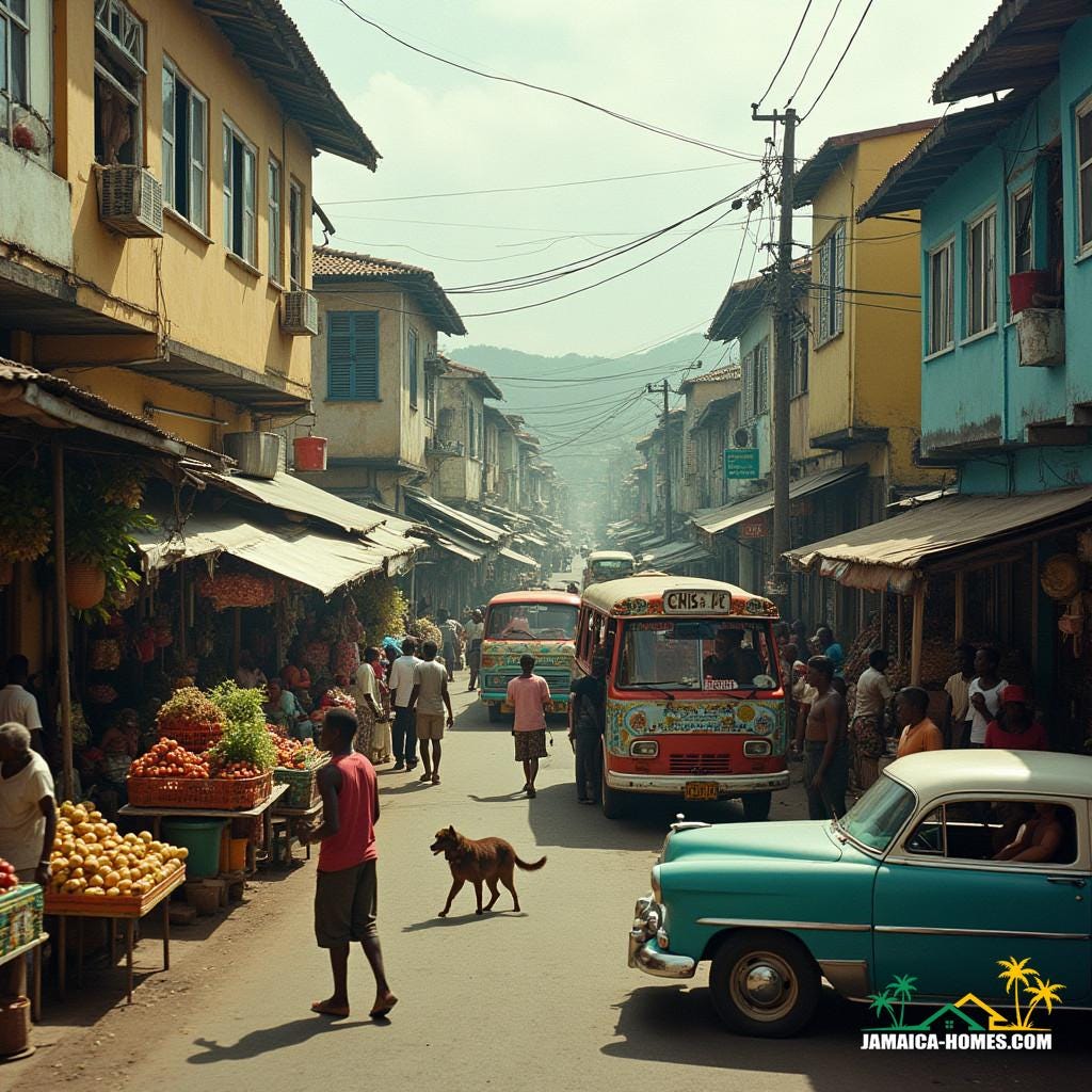 Vibrant Jamaican townscape teeming with life, swarms of people navigating narrow streets, a kaleidoscope of colorful shops, street vendors, and food stalls overflowing with exotic produce, as cars and buses, packed to capacity, weave through the chaos, with passengers hanging precariously from doors and windows, while stray animals roam freely, amidst the cacophony, in the style of cinematographer Emmanuel Lubezki,