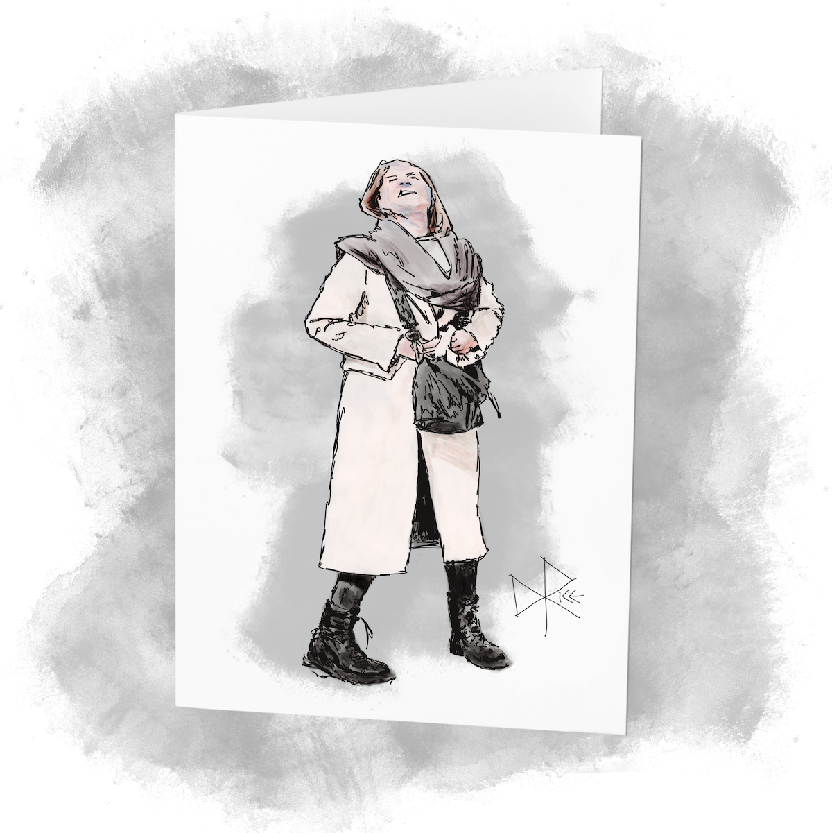 A woman in a white winter coat looks skyward, enjoying the warm spring sun on her face after a cold winter. Sketch art by Don Rice. A woman in a white winter coat looks skyward, enjoying the warm spring sun on her face after a cold winter. Sketch art by Don Rice.